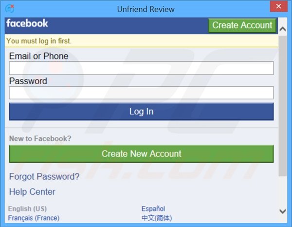 Screenshot of deceptive Unfriend Review adware application