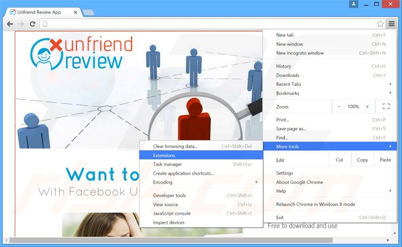 Removing Unfriend Review  ads from Google Chrome step 1