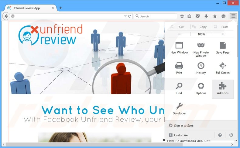Removing Unfriend Review ads from Mozilla Firefox step 1