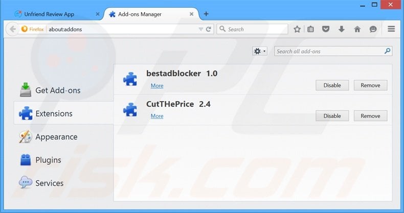 Removing Unfriend Review ads from Mozilla Firefox step 2