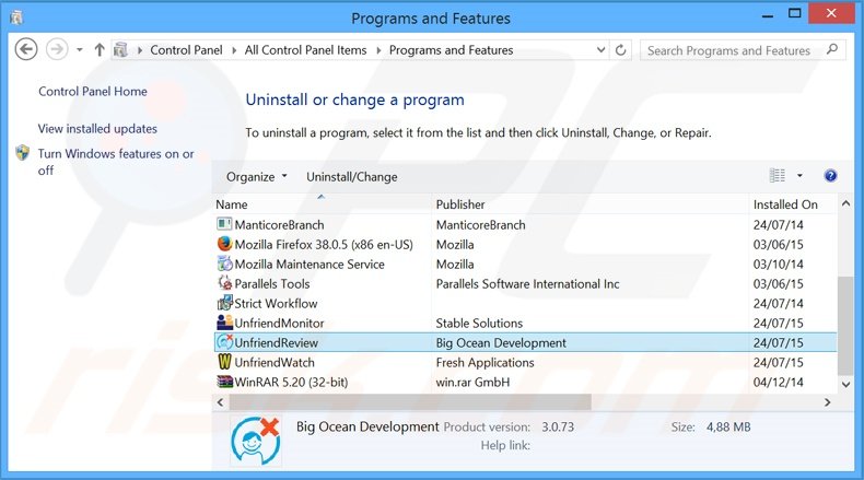 Unfriend Review adware uninstall via Control Panel