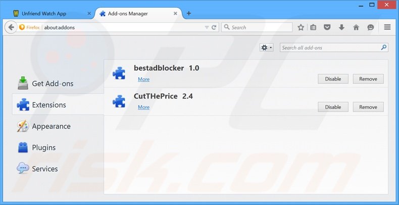 Removing Unfriend Watch ads from Mozilla Firefox step 2