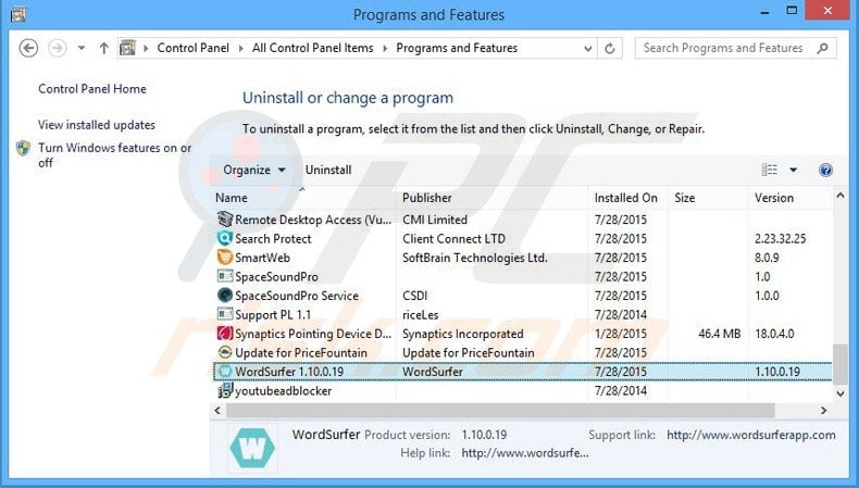 wordsurfer adware uninstall via Control Panel