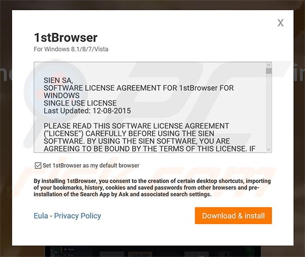 Official 1stBrowser adware installation setup