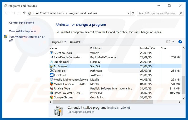 1stBrowser adware uninstall via Control Panel