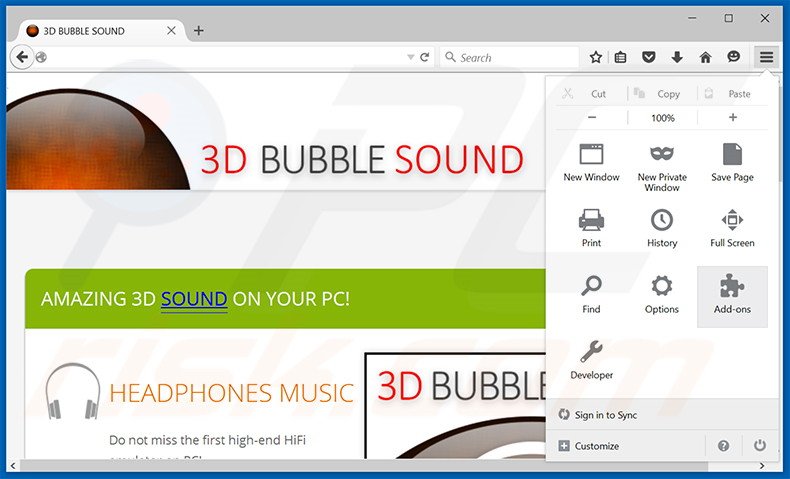 Removing 3D BUBBLE SOUND ads from Mozilla Firefox step 1