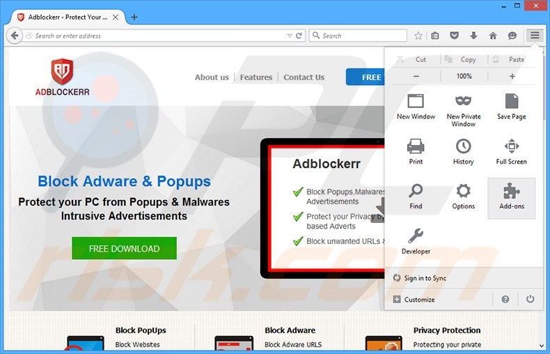 Removing Adblockerr ads from Mozilla Firefox step 1