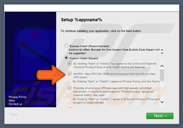 Delusive installer distributing AdVPN adware