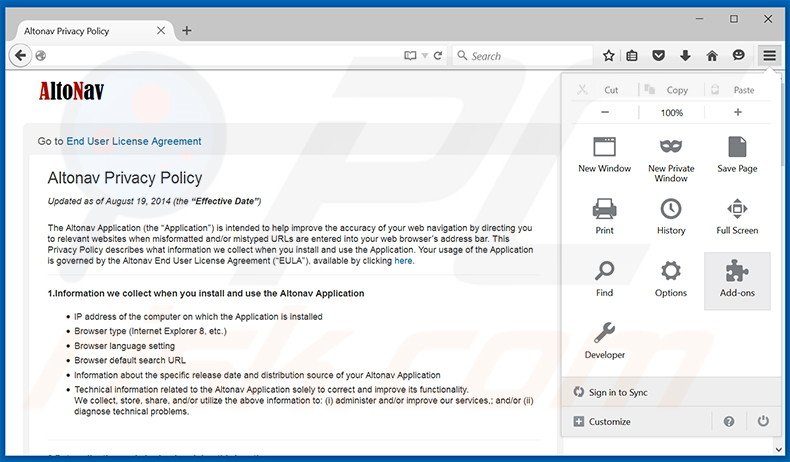 Removing Altonav ads from Mozilla Firefox step 1