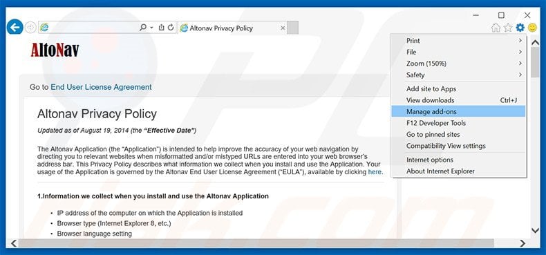 Removing Altonav ads from Internet Explorer step 1