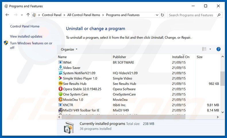 Altonav adware uninstall via Control Panel