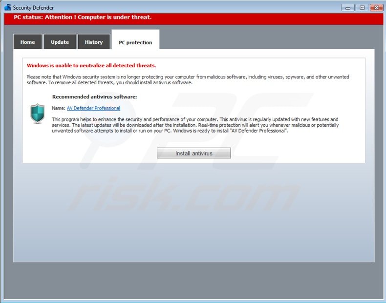 av defender professional fake antivirus