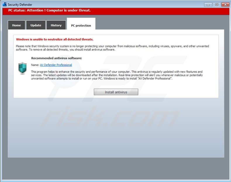av defender professional fake antivirus