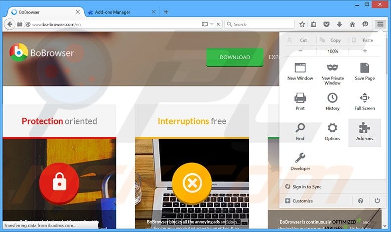 Removing BoBrowser ads from Mozilla Firefox step 1