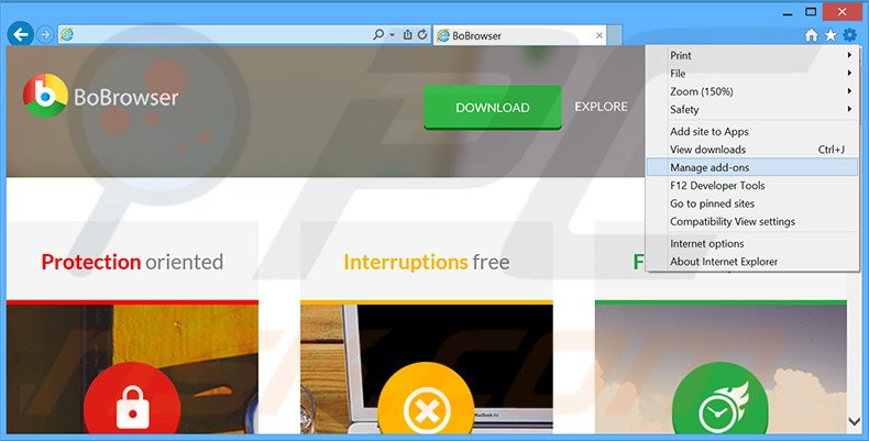 Removing BoBrowser ads from Internet Explorer step 1