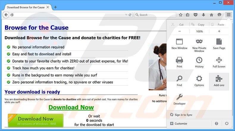 Removing Browse For The Cause ads from Mozilla Firefox step 1