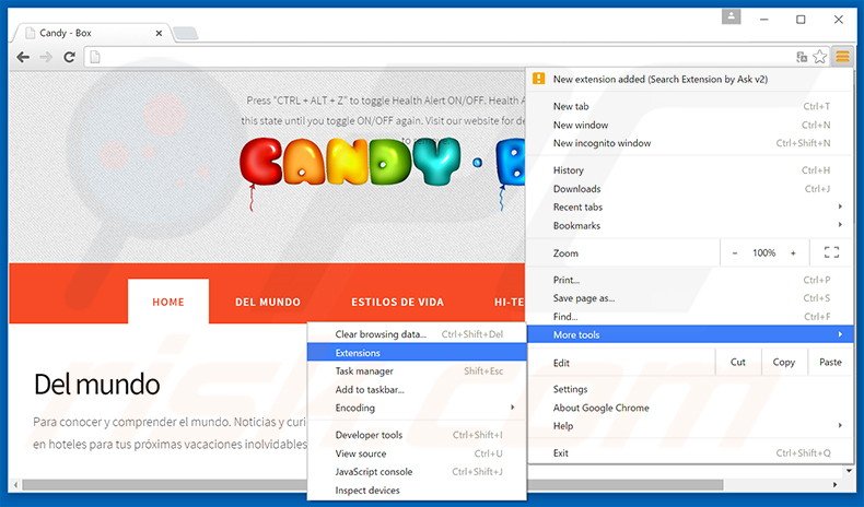 Removing CandyBox  ads from Google Chrome step 1