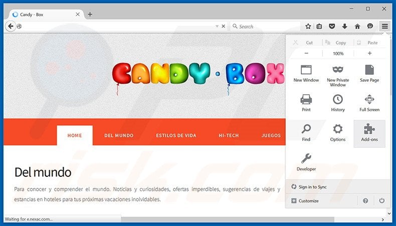Removing CandyBox ads from Mozilla Firefox step 1