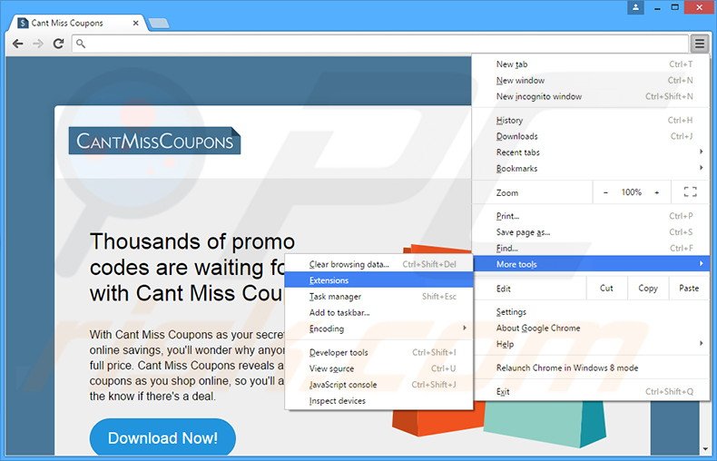 Removing Cant Miss Coupons  ads from Google Chrome step 1