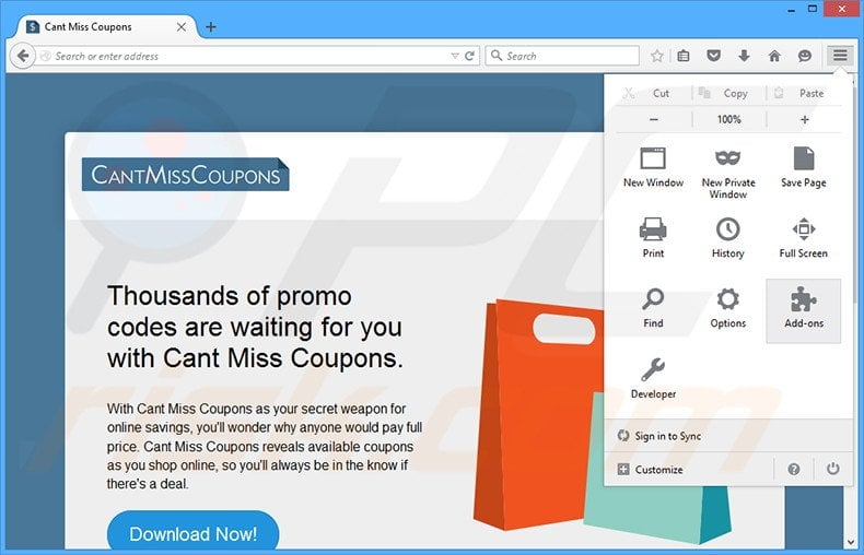 Removing Cant Miss Coupons ads from Mozilla Firefox step 1