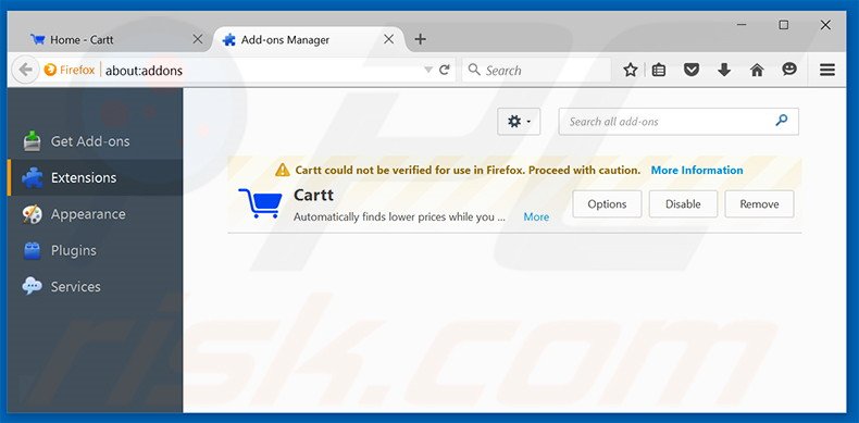 Removing Cartt ads from Mozilla Firefox step 2