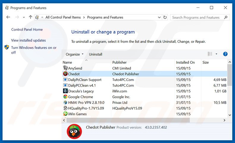 Chedot Browser adware uninstall via Control Panel