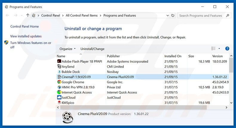 CinemaP adware uninstall via Control Panel