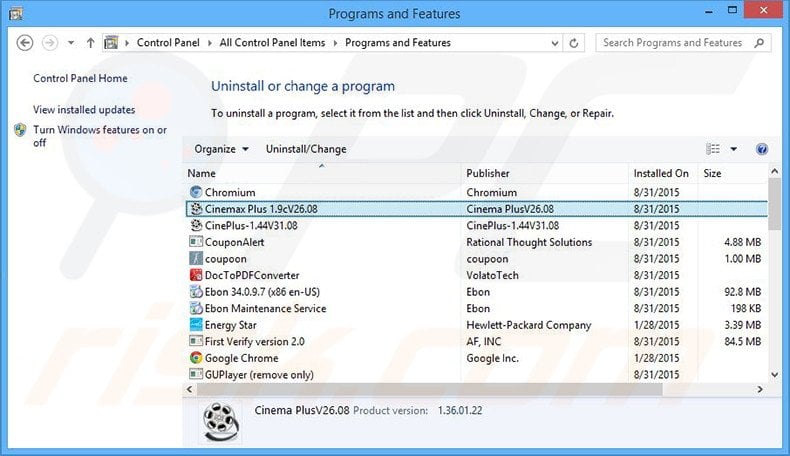 Cinemax Plus adware uninstall via Control Panel