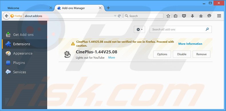 Removing CinePlus ads from Mozilla Firefox step 2