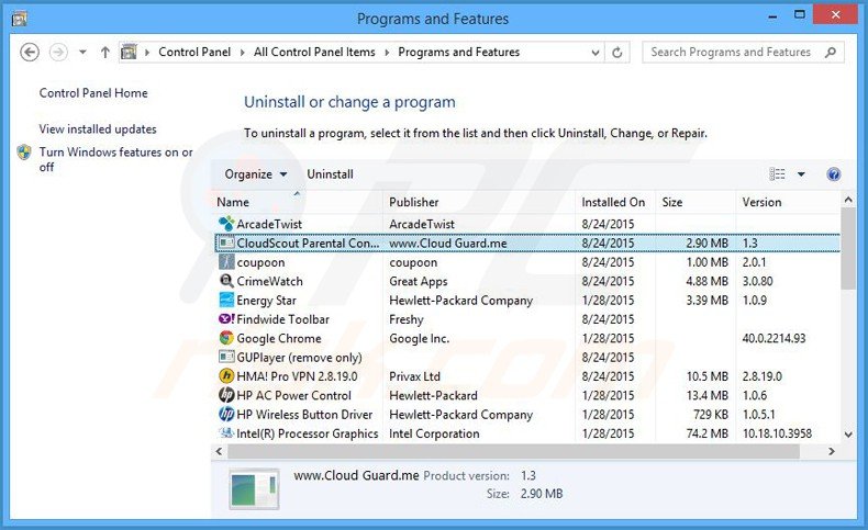 cloudscout adware uninstall via Control Panel