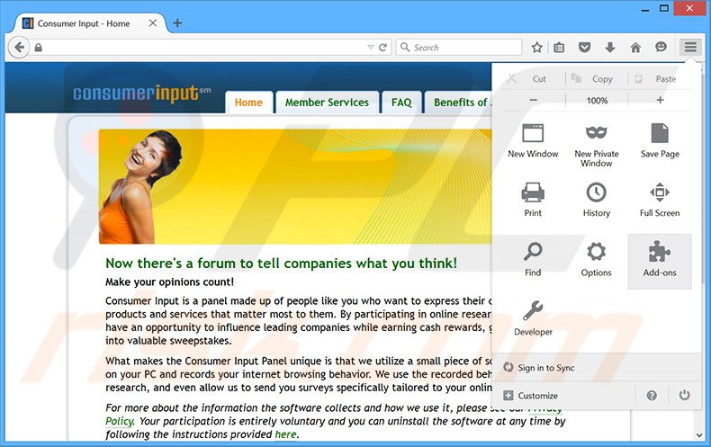 Removing Consumer Input ads from Mozilla Firefox step 1