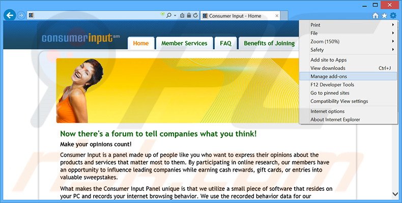 Removing Consumer Input ads from Internet Explorer step 1