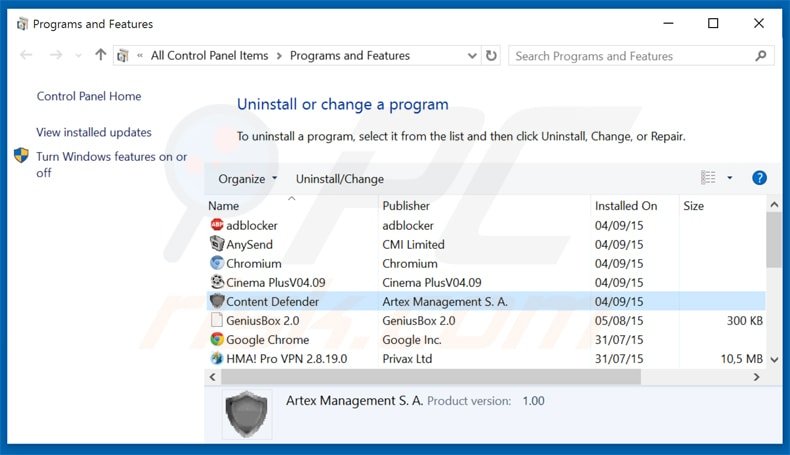 content defender adware uninstall via Control Panel