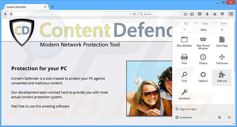 Removing Content Defender ads from Mozilla Firefox step 1