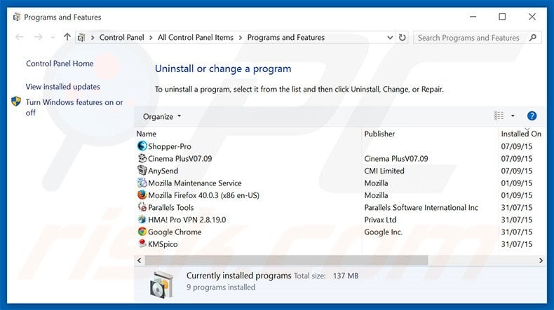 search.coolersearch.com browser hijacker uninstall via Control Panel