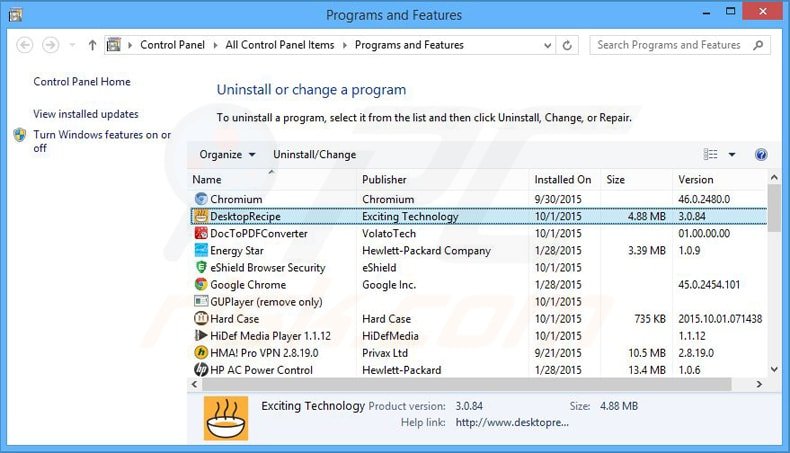 desktop recipe adware uninstall via Control Panel