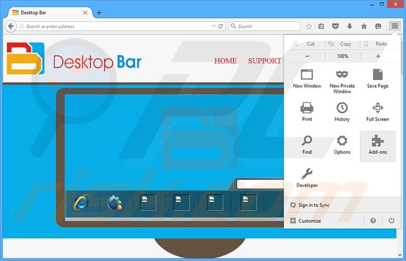 Removing Desktop Bar ads from Mozilla Firefox step 1