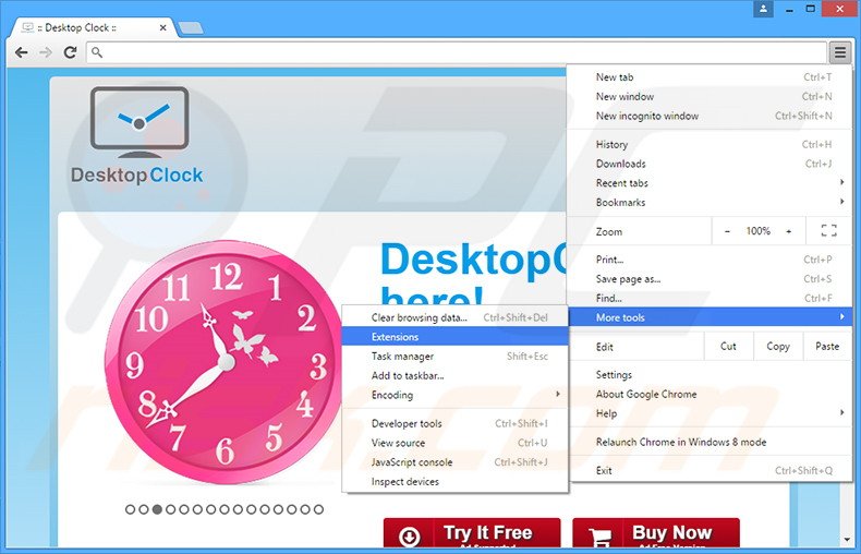 Removing DesktopClock  ads from Google Chrome step 1