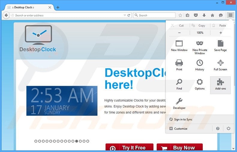 Removing DesktopClock ads from Mozilla Firefox step 1