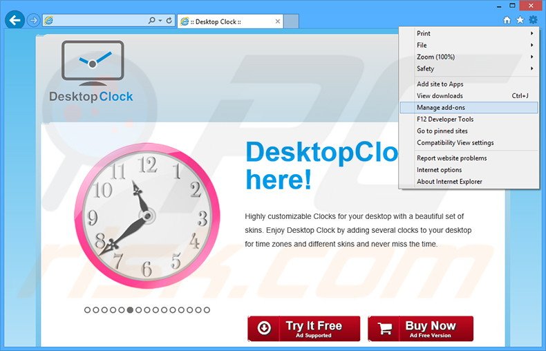 Removing DesktopClock ads from Internet Explorer step 1