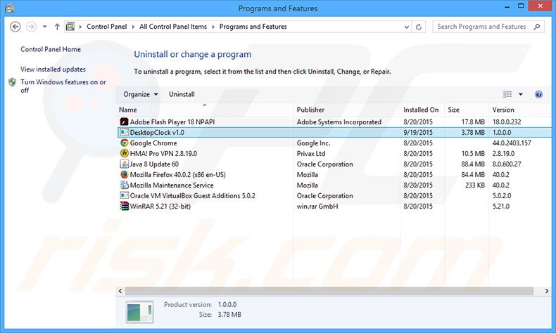 DesktopClock adware uninstall via Control Panel