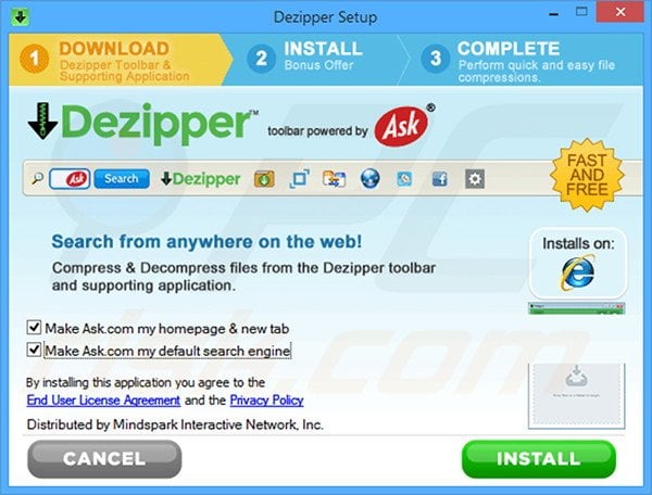 Official Dezipper browser hijacker installation setup