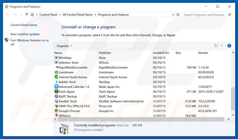 Discover Treasure adware uninstall via Control Panel