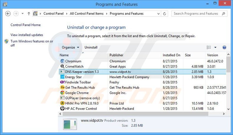 DNS Keeper adware uninstall via Control Panel