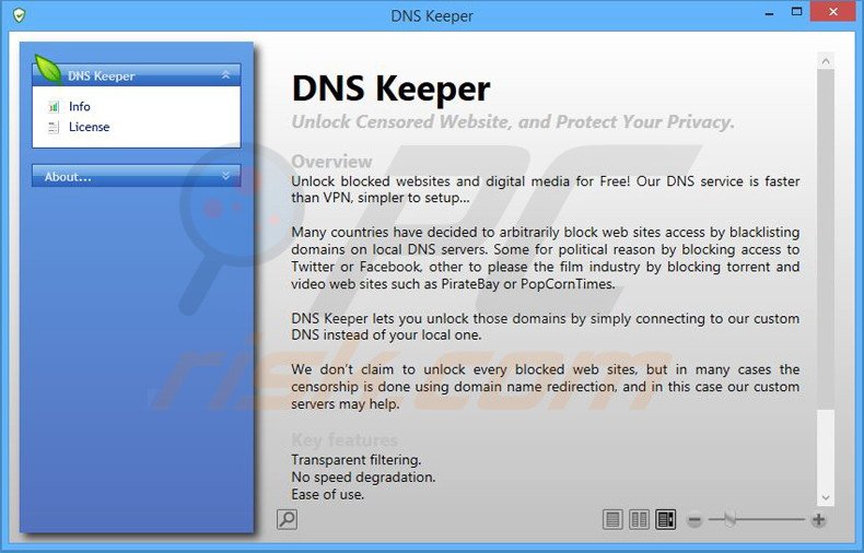 Screenshot of deceptive DNS Keeper adware application