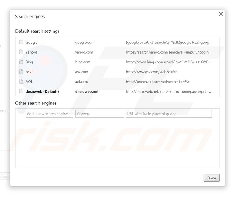 Removing dnsioweb.net from Google Chrome default search engine