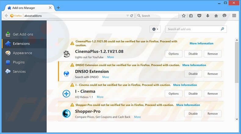 Removing dnsioweb.net related Mozilla Firefox extensions