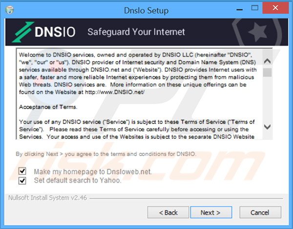 Official DNSIO browser hijacker installation setup