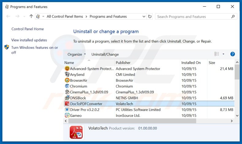 doctopdfconverter adware uninstall via Control Panel