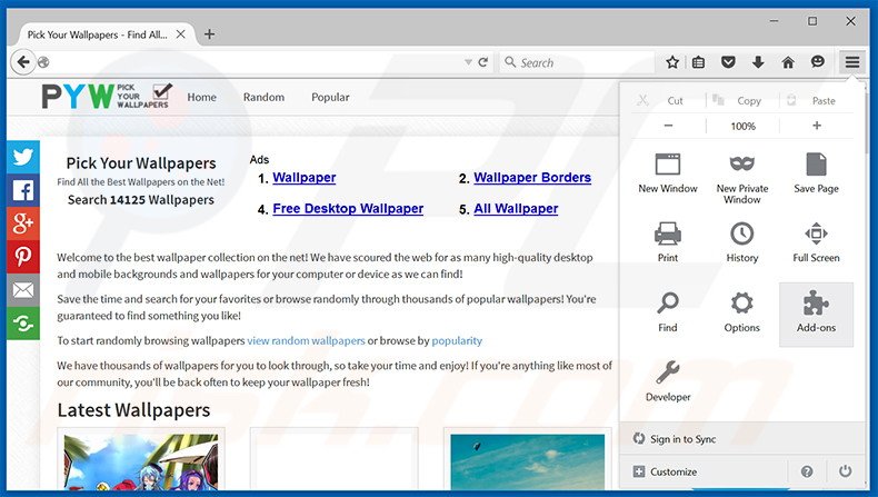 Removing Pick Your Wallpapers ads from Mozilla Firefox step 1